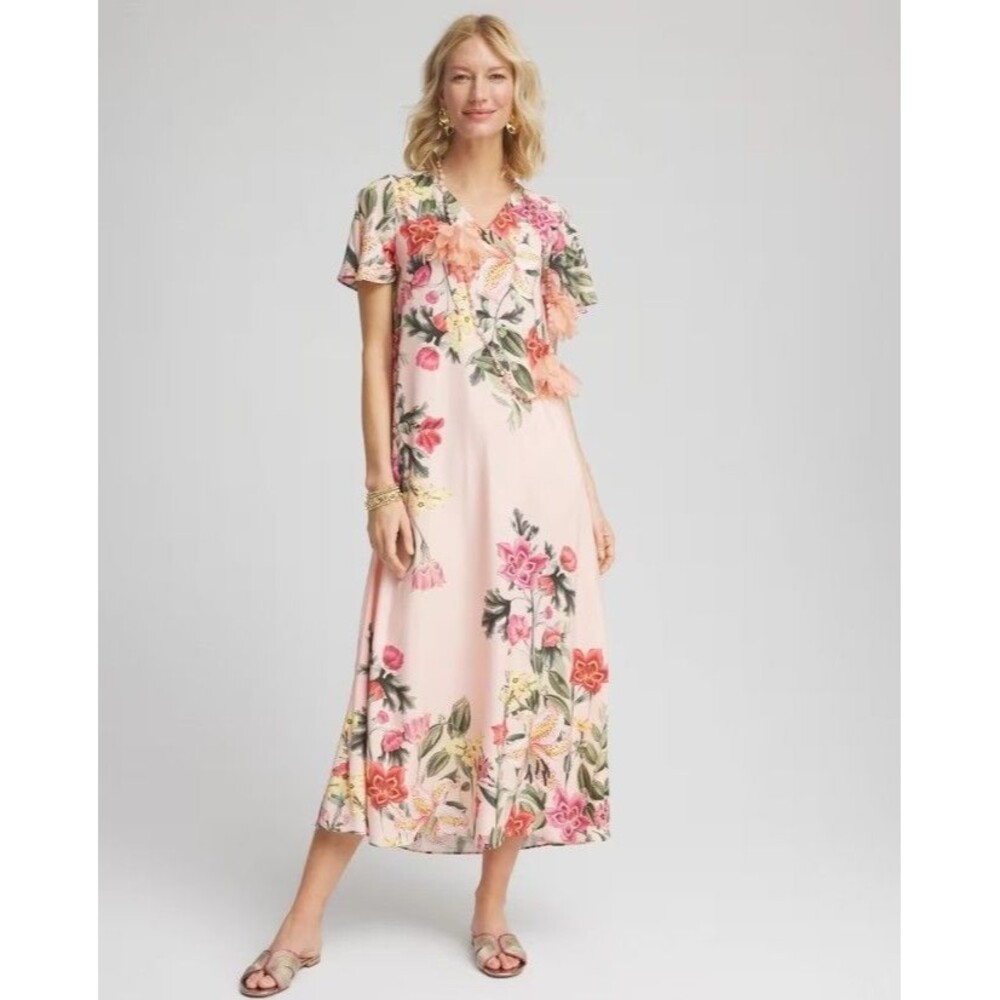 Chico's Coral Blossom Floral Satin Maxi Dress Size 4 XXL NWT Flutter Sleeve